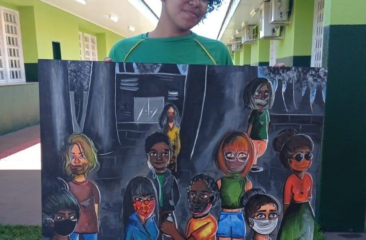 Inspirada em Tarsila do Amaral, estudante retrata pandemia em tela na EE Moacir Djalma Barros